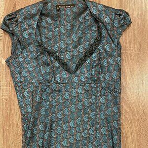 Dark turquoise, light blue with hints of brown. Polyester dress, Size medium(M)